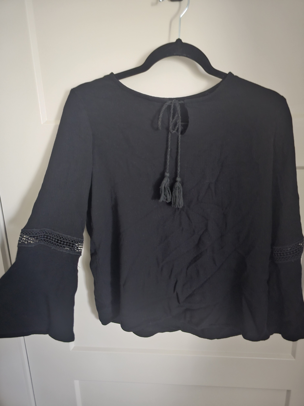 Black Tie-Back Bell Sleeve Women's Blouse